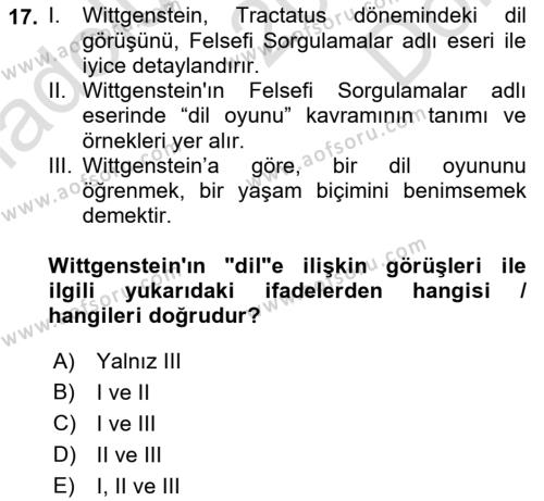 Dil Felsefesi Dersi 2021 - 2022 Yılı (Final) Dönem Sonu Sınavı 17. Soru