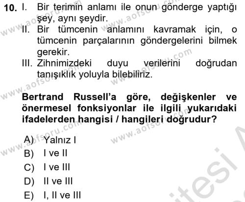 Dil Felsefesi Dersi 2021 - 2022 Yılı Yaz Okulu Sınavı 10. Soru