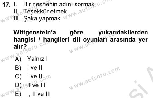 Dil Felsefesi Dersi 2021 - 2022 Yılı Yaz Okulu Sınavı 17. Soru