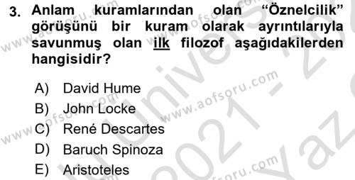 Dil Felsefesi Dersi 2021 - 2022 Yılı Yaz Okulu Sınavı 3. Soru