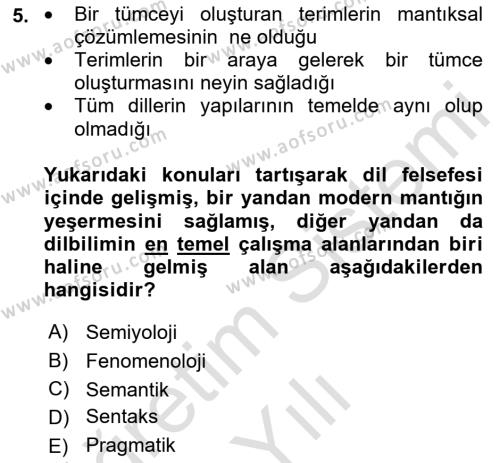 Dil Felsefesi Dersi 2021 - 2022 Yılı Yaz Okulu Sınavı 5. Soru