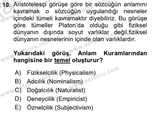 Dil Felsefesi Dersi 2022 - 2023 Yılı (Vize) Ara Sınavı 10. Soru