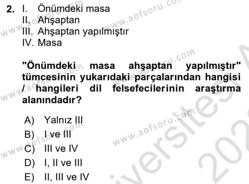 Dil Felsefesi Dersi 2022 - 2023 Yılı (Vize) Ara Sınavı 2. Soru