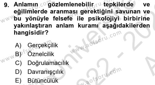 Dil Felsefesi Dersi 2022 - 2023 Yılı (Vize) Ara Sınavı 9. Soru