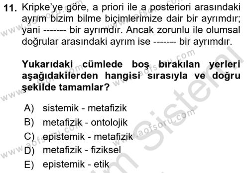 Dil Felsefesi Dersi 2022 - 2023 Yılı (Final) Dönem Sonu Sınavı 11. Soru