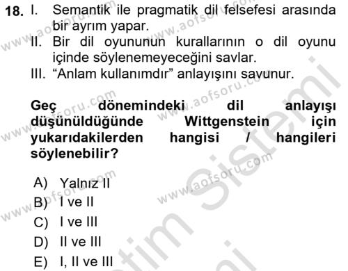 Dil Felsefesi Dersi 2022 - 2023 Yılı (Final) Dönem Sonu Sınavı 18. Soru