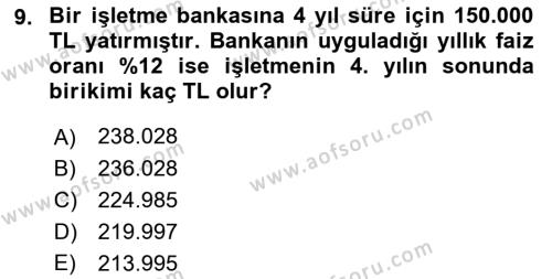 Finans Matematiği Dersi 2018 - 2019 Yılı 3 Ders Sınavı 9. Soru