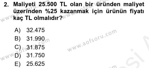 Finans Matematiği Dersi 2018 - 2019 Yılı (Vize) Ara Sınavı 2. Soru