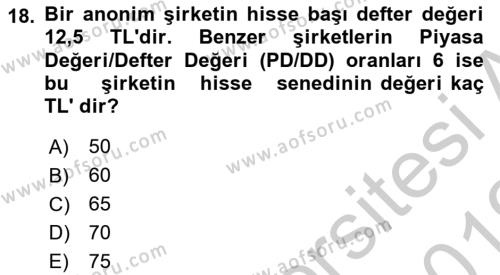 Finans Matematiği Dersi 2018 - 2019 Yılı Yaz Okulu Sınavı 18. Soru