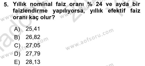 Finans Matematiği Dersi 2020 - 2021 Yılı Yaz Okulu Sınavı 5. Soru