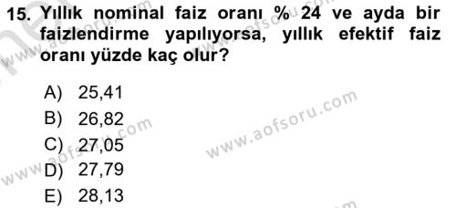 Finans Matematiği Dersi 2021 - 2022 Yılı (Vize) Ara Sınavı 15. Soru