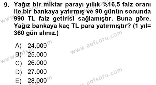 Finans Matematiği Dersi 2021 - 2022 Yılı (Vize) Ara Sınavı 9. Soru