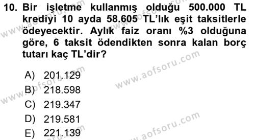 Finans Matematiği Dersi 2021 - 2022 Yılı (Final) Dönem Sonu Sınavı 10. Soru