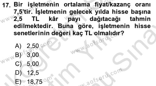 Finans Matematiği Dersi 2021 - 2022 Yılı (Final) Dönem Sonu Sınavı 17. Soru