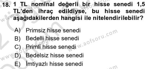 Finans Matematiği Dersi 2021 - 2022 Yılı (Final) Dönem Sonu Sınavı 18. Soru