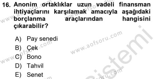 Finans Matematiği Dersi 2021 - 2022 Yılı Yaz Okulu Sınavı 16. Soru