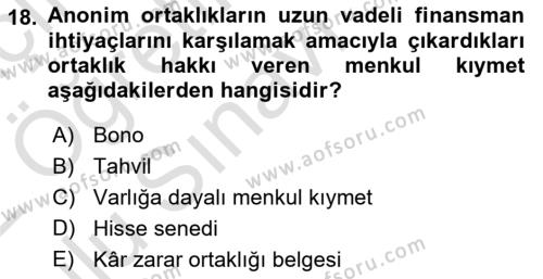 Finans Matematiği Dersi 2021 - 2022 Yılı Yaz Okulu Sınavı 18. Soru