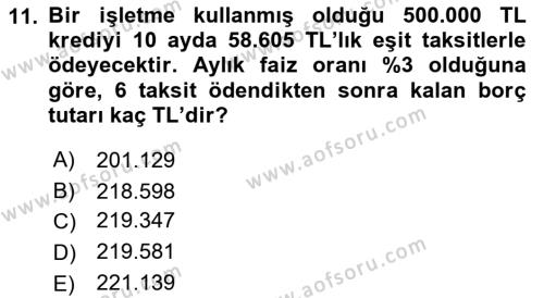 Finans Matematiği Dersi 2022 - 2023 Yılı Yaz Okulu Sınavı 11. Soru