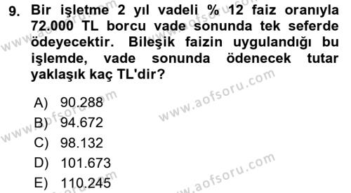 Finans Matematiği Dersi 2022 - 2023 Yılı Yaz Okulu Sınavı 9. Soru