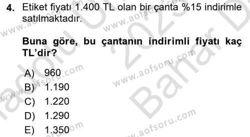 Finans Matematiği Dersi 2023 - 2024 Yılı (Vize) Ara Sınavı 4. Soru