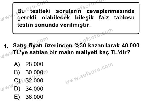 Finans Matematiği Dersi 2023 - 2024 Yılı (Final) Dönem Sonu Sınavı 1. Soru