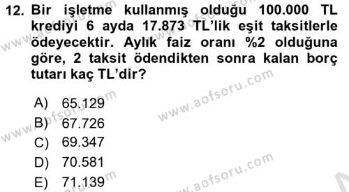 Finans Matematiği Dersi 2023 - 2024 Yılı (Final) Dönem Sonu Sınavı 12. Soru