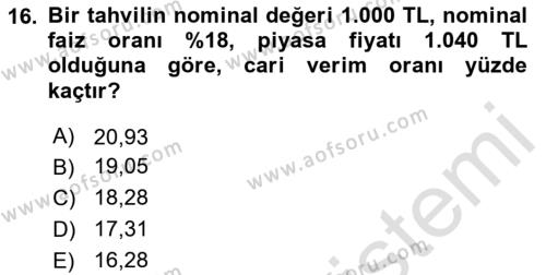 Finans Matematiği Dersi 2023 - 2024 Yılı (Final) Dönem Sonu Sınavı 16. Soru