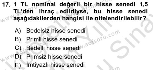 Finans Matematiği Dersi 2023 - 2024 Yılı (Final) Dönem Sonu Sınavı 17. Soru