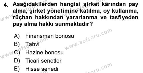 Finansal Kurumlar Dersi 2018 - 2019 Yılı 3 Ders Sınavı 4. Soru