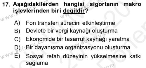 Finansal Kurumlar Dersi 2018 - 2019 Yılı (Final) Dönem Sonu Sınavı 17. Soru