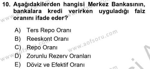 Finansal Kurumlar Dersi 2018 - 2019 Yılı Yaz Okulu Sınavı 10. Soru