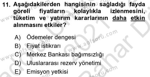 Finansal Kurumlar Dersi 2021 - 2022 Yılı (Vize) Ara Sınavı 11. Soru