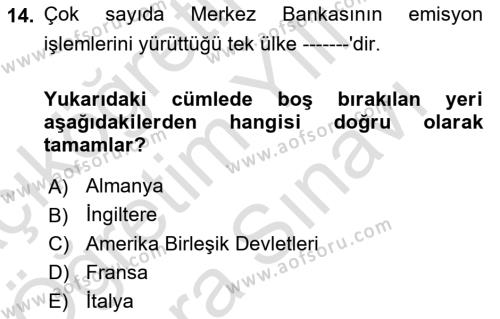 Finansal Kurumlar Dersi 2021 - 2022 Yılı (Vize) Ara Sınavı 14. Soru