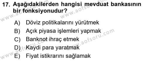 Finansal Kurumlar Dersi 2021 - 2022 Yılı (Vize) Ara Sınavı 17. Soru