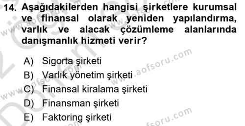 Finansal Kurumlar Dersi 2021 - 2022 Yılı (Final) Dönem Sonu Sınavı 14. Soru