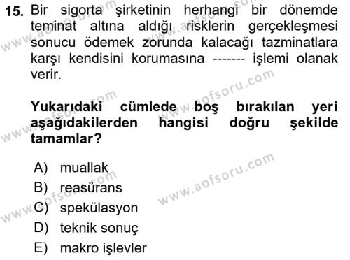 Finansal Kurumlar Dersi 2021 - 2022 Yılı (Final) Dönem Sonu Sınavı 15. Soru