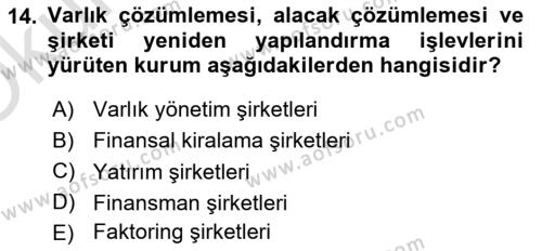 Finansal Kurumlar Dersi 2021 - 2022 Yılı Yaz Okulu Sınavı 14. Soru