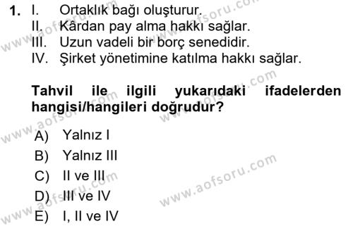 Finansal Kurumlar Dersi 2022 - 2023 Yılı Yaz Okulu Sınavı 1. Soru