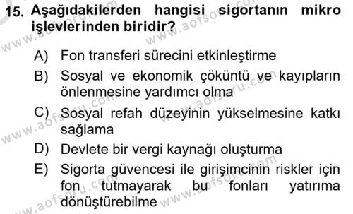 Finansal Kurumlar Dersi 2022 - 2023 Yılı Yaz Okulu Sınavı 15. Soru