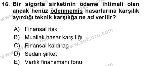 Finansal Kurumlar Dersi 2022 - 2023 Yılı Yaz Okulu Sınavı 16. Soru