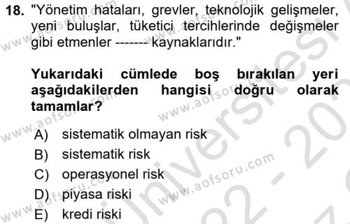 Finansal Kurumlar Dersi 2022 - 2023 Yılı Yaz Okulu Sınavı 18. Soru