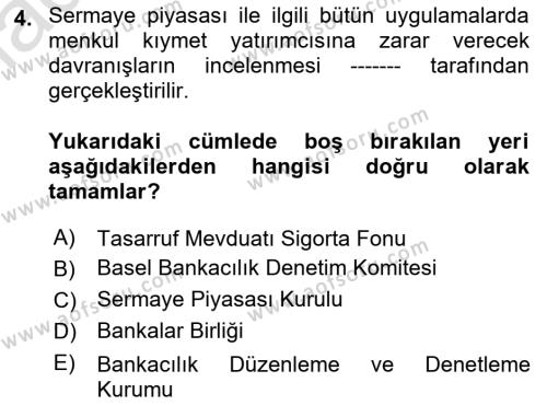 Finansal Kurumlar Dersi 2022 - 2023 Yılı Yaz Okulu Sınavı 4. Soru