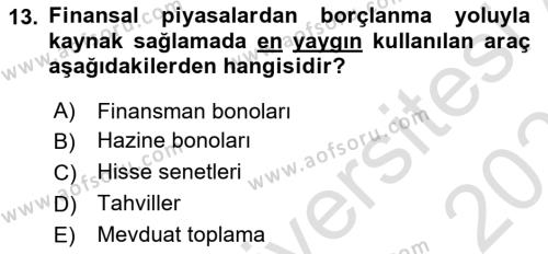 Finansal Kurumlar Dersi 2023 - 2024 Yılı (Vize) Ara Sınavı 13. Soru