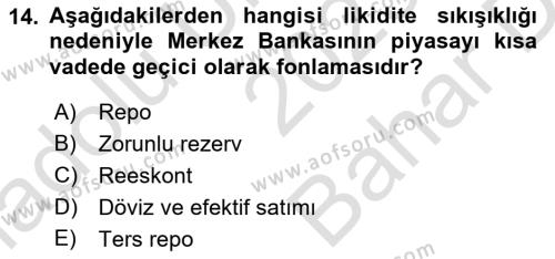 Finansal Kurumlar Dersi 2023 - 2024 Yılı (Vize) Ara Sınavı 14. Soru