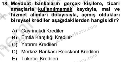 Finansal Kurumlar Dersi 2023 - 2024 Yılı (Vize) Ara Sınavı 18. Soru