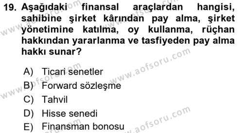 Finansal Kurumlar Dersi 2023 - 2024 Yılı (Vize) Ara Sınavı 19. Soru