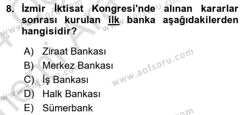 Finansal Kurumlar Dersi 2023 - 2024 Yılı (Vize) Ara Sınavı 8. Soru