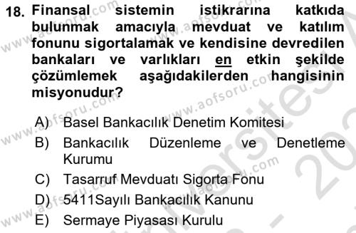 Finansal Kurumlar Dersi 2023 - 2024 Yılı (Final) Dönem Sonu Sınavı 18. Soru