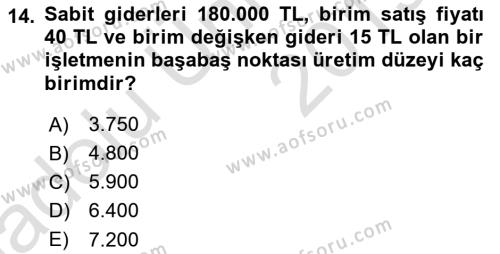 Finansal Yönetim 1 Dersi 2018 - 2019 Yılı 3 Ders Sınavı 14. Soru