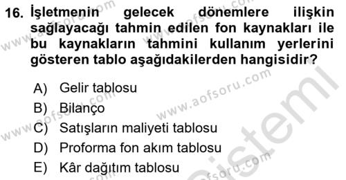 Finansal Yönetim 1 Dersi 2018 - 2019 Yılı 3 Ders Sınavı 16. Soru